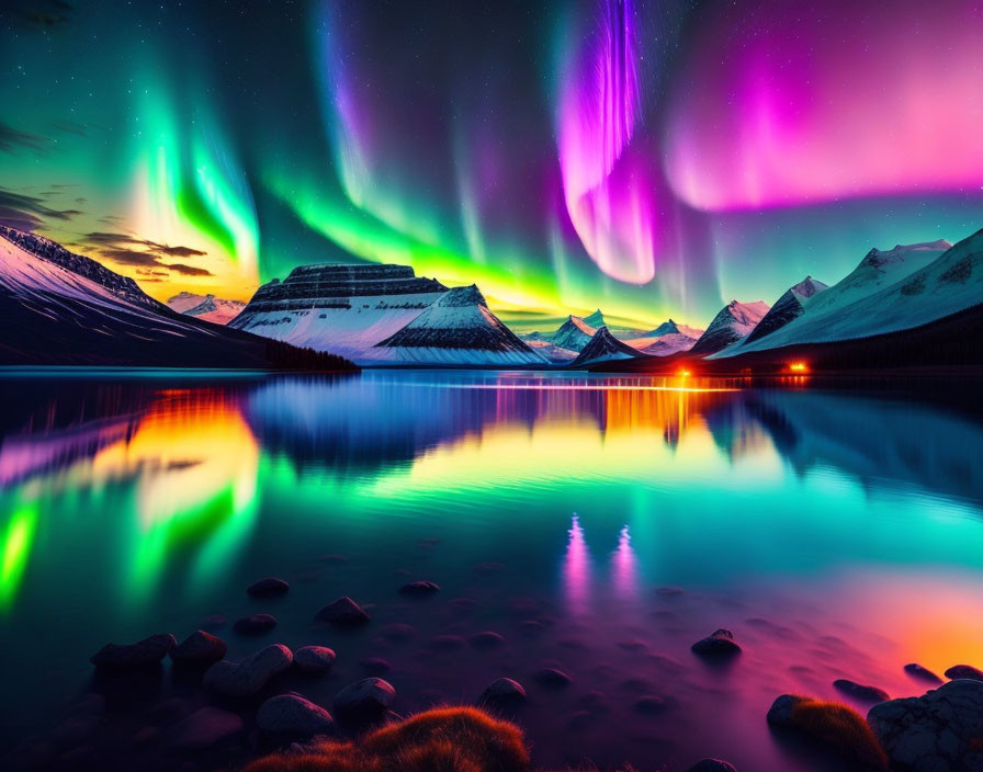 Colorful aurora borealis above mountainous landscape with reflective lake under starry sky