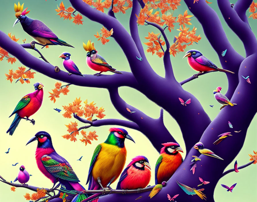 Colorful Birds Perched on Purple Branches Illustration