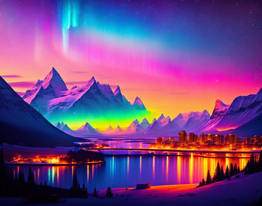 Cityscape digital artwork: Night scene with neon northern lights, lake reflection, snowy mountains