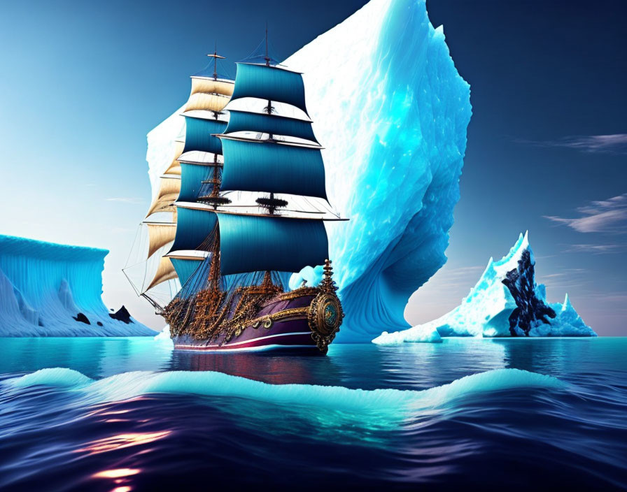 Tall ship near icebergs on tranquil ocean