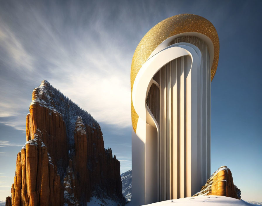 Surreal image: classical column with sparkling halo, snowy mountain, dynamic sky