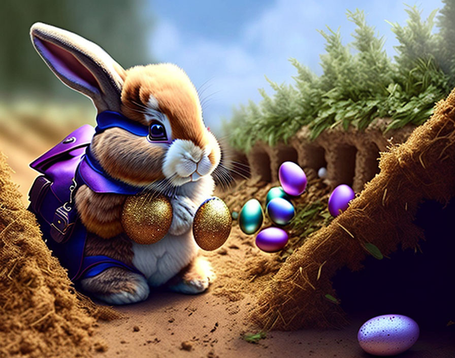 Illustration of brown and white rabbit with Easter eggs in burrow.