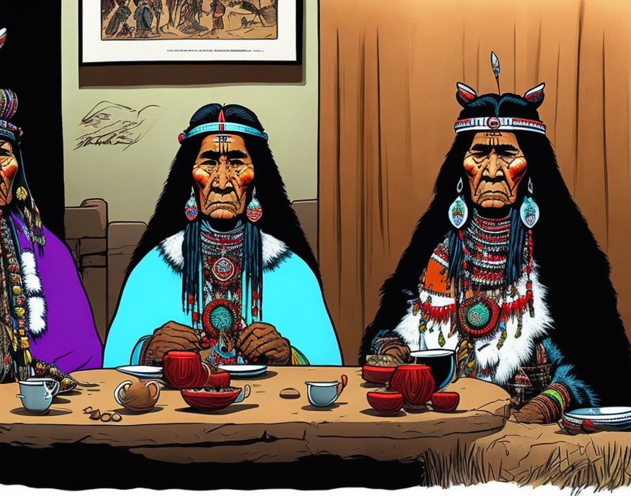 Three Native American characters in traditional attire at a table with cups and plates, framed picture backdrop