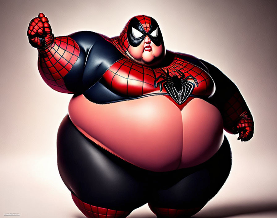 Exaggerated superhero caricature in Spider-Man costume