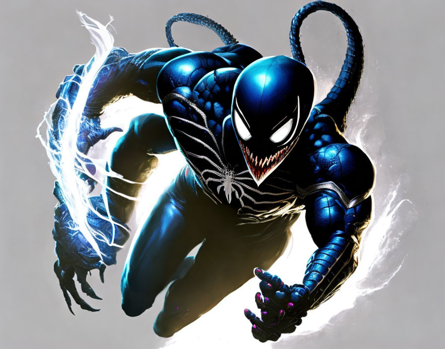 Blue and black-clad muscular figure with spider emblem and tendrils.