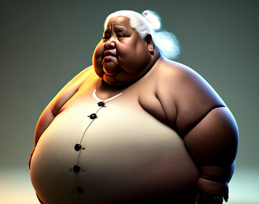 Heavyset female character with light hair in buns, tan outfit viewed from low angle