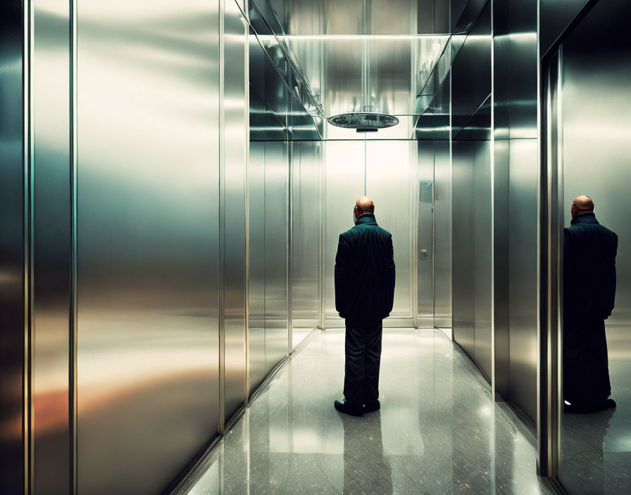 Man in suit reflects on shiny elevator walls.