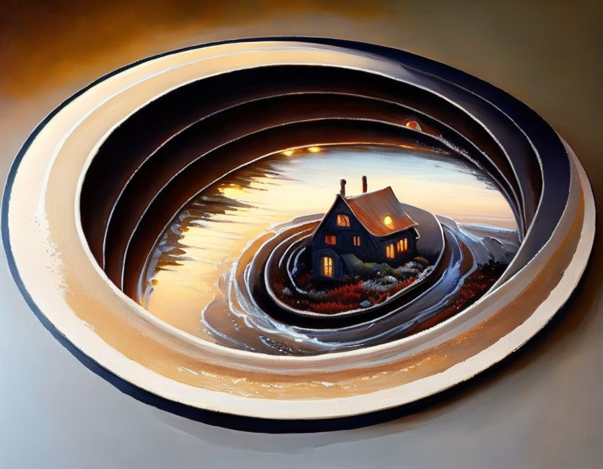 Surreal painting: lone house in concentric circle landscape