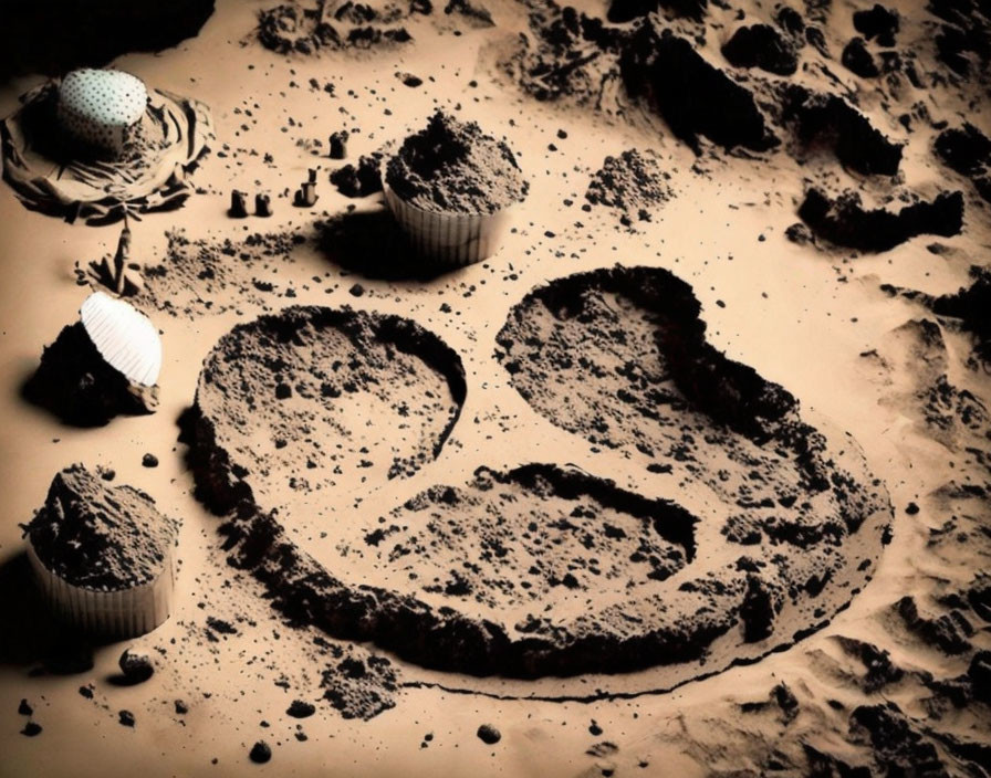 Smiley face on sandy surface with seashells, golf ball, and cupcake-like mounds