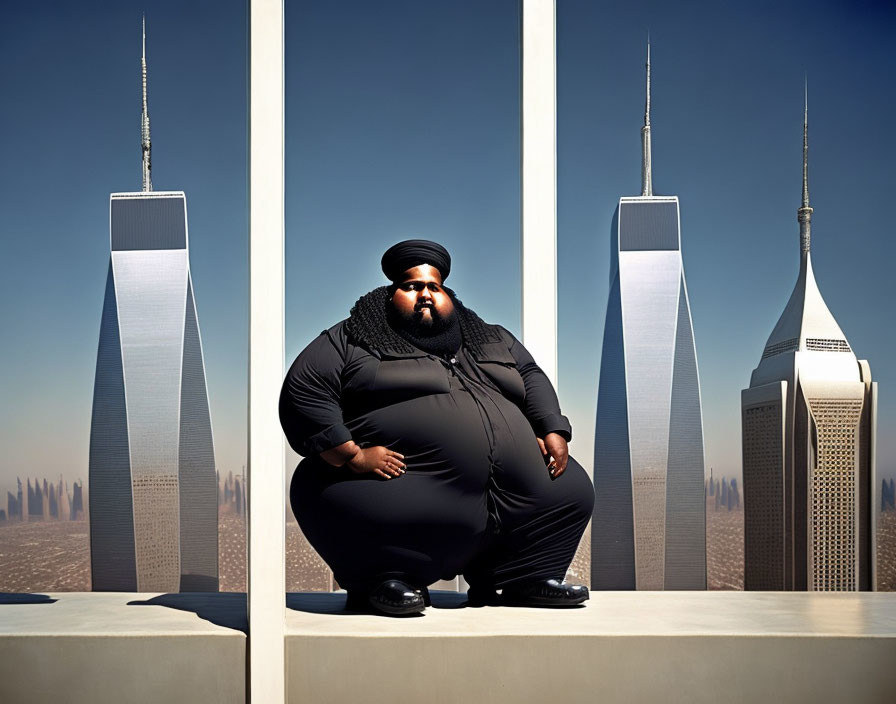 Man in Turban Crouching Between Twin Towers Models in City Skyline