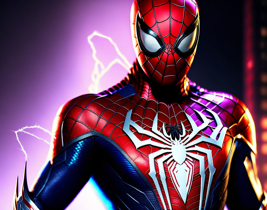 Detailed Spider-Man in red and blue suit with spider emblem on purple-lit background