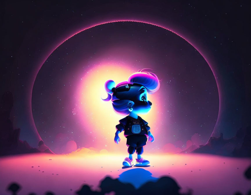 Stylized animated character against cosmic backdrop