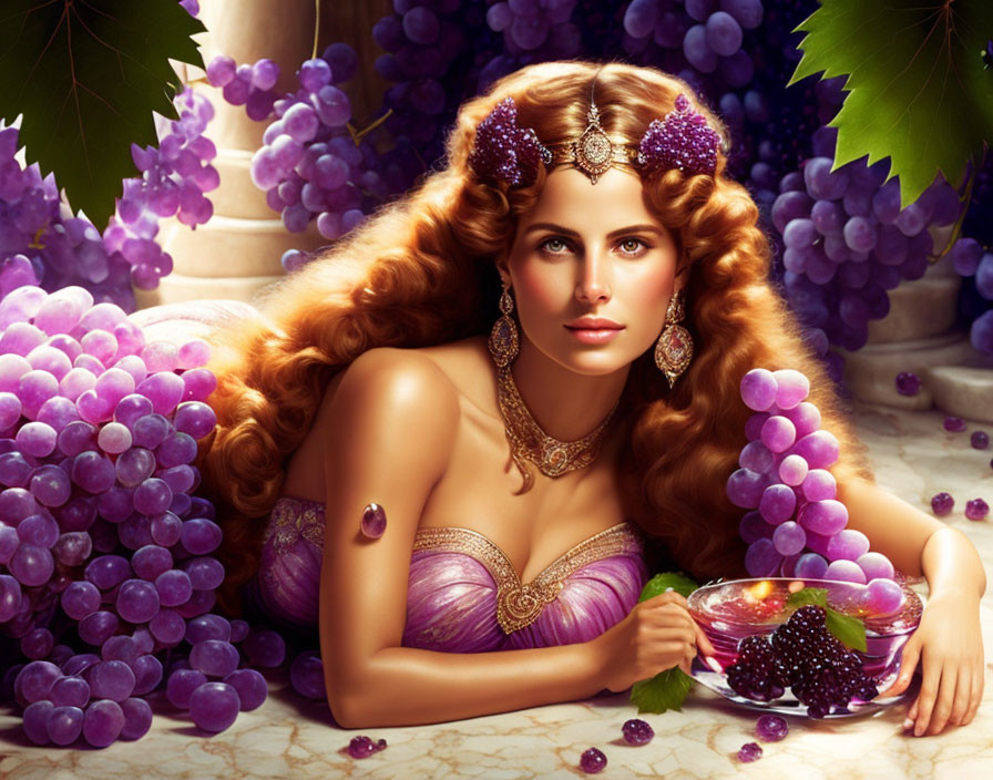 Auburn-Haired Woman in Purple Dress with Grape-Themed Jewelry