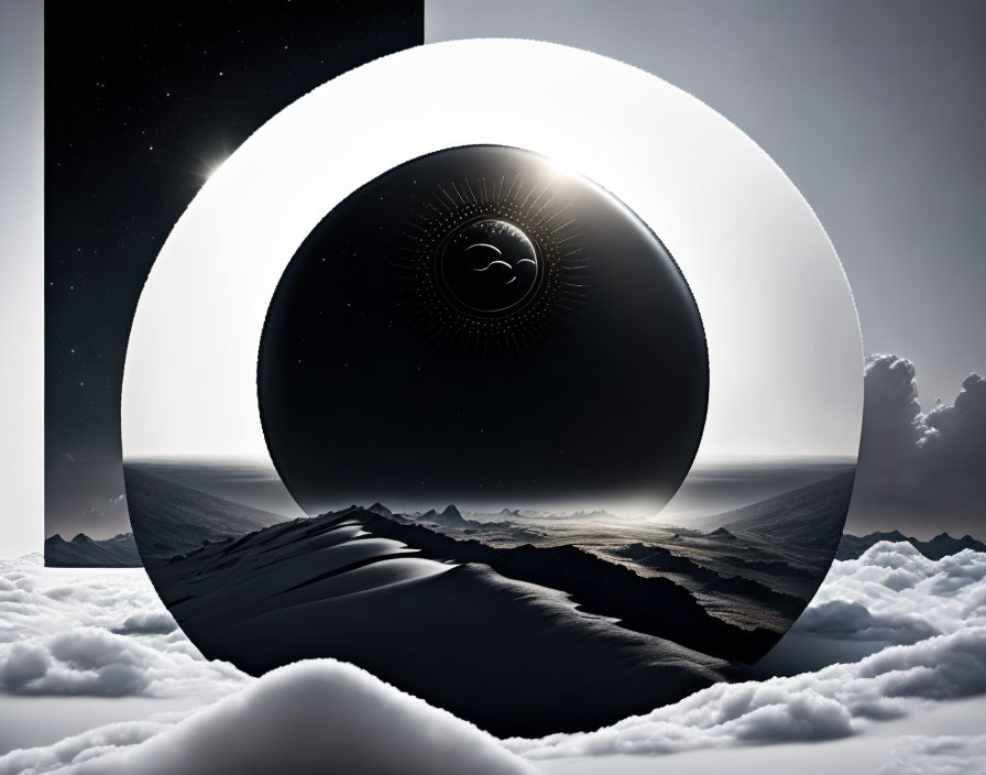 Surreal black and white spherical object above cloudy mountains.