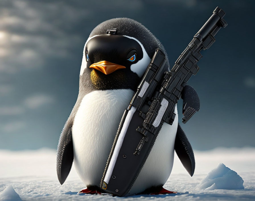 Anthropomorphized penguin with headset and sniper rifle in icy landscape