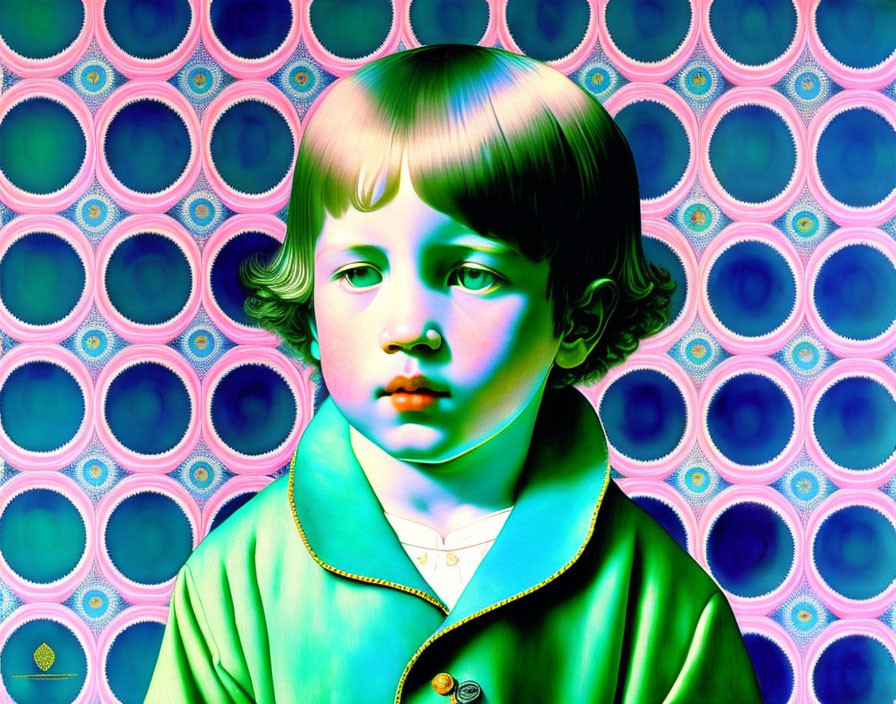 Colorful surreal portrait of child with circular patterns in blues, greens, and pinks