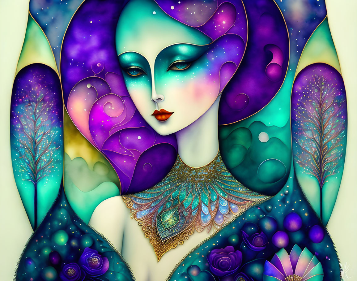 Vibrant female figure with cosmic motifs in purple and blue