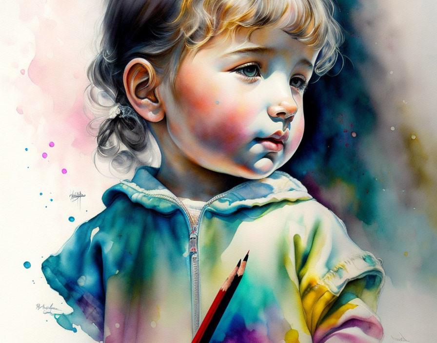 Colorful Watercolor Painting of Child with Pencil