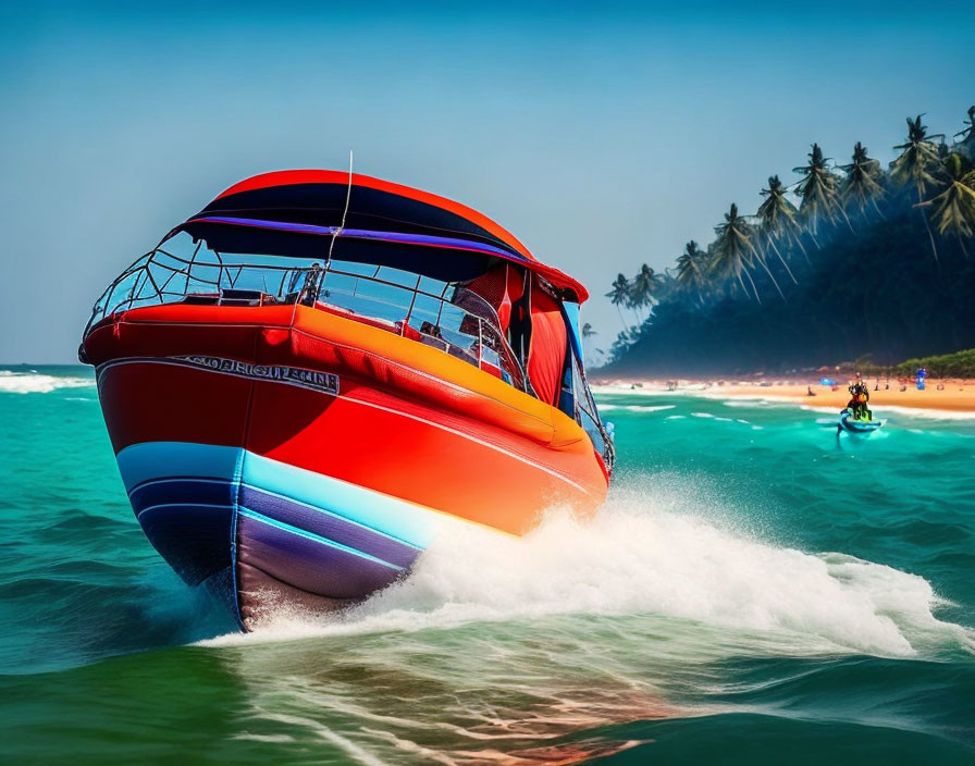 Red Speedboat and Jet Ski on Turquoise Waters with Palm Trees