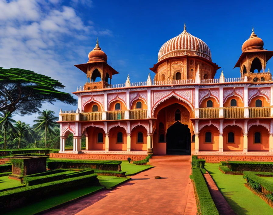 Ornate red and white domes in lush green landscape