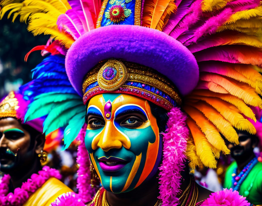 Colorful Face Paint and Feathered Headdress at Festive Event