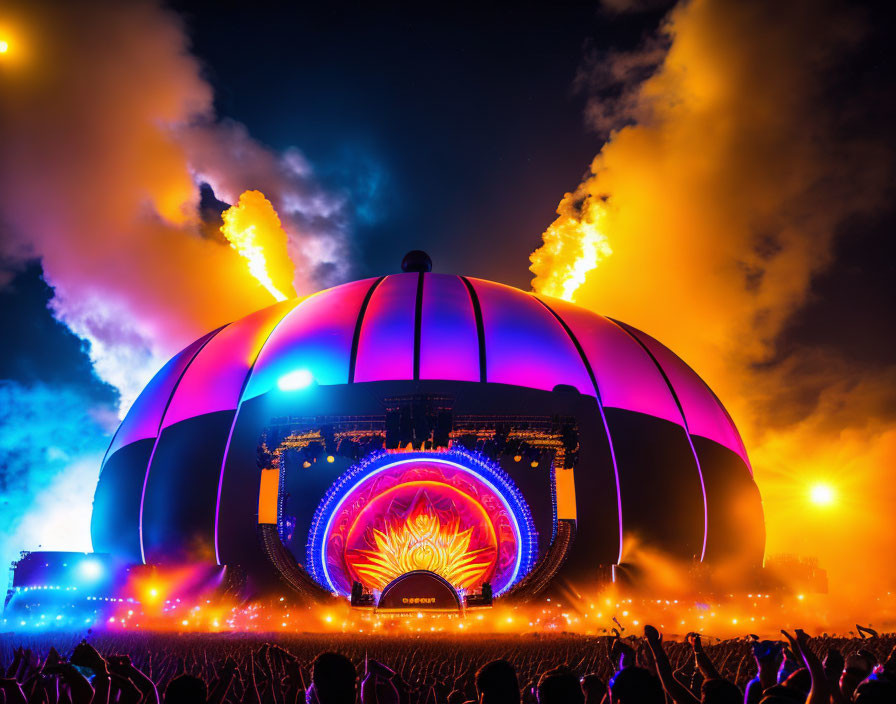 Colorful concert scene with glowing eye stage, dome, crowd, and flames.