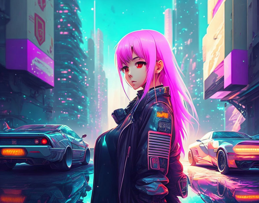 Vibrant illustration: Female character with pink hair in futuristic cityscape