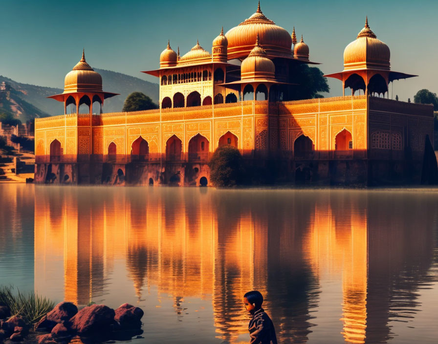 Person admires grand palace by tranquil lake at sunset