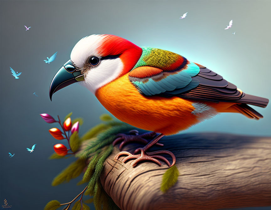 Colorful Bird Illustration with Butterflies on Branch