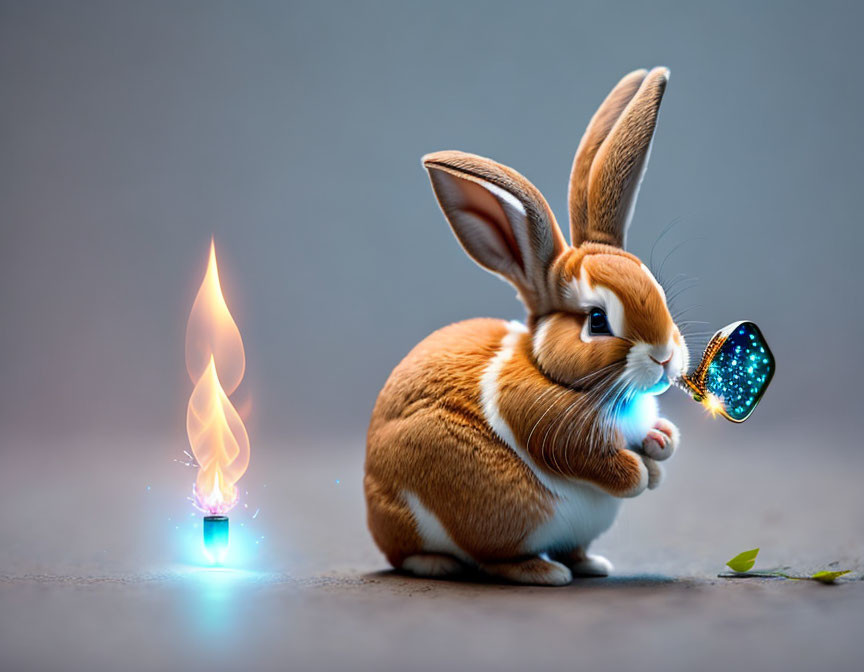 Oversized-eared rabbit explores glowing chalice with blue flame