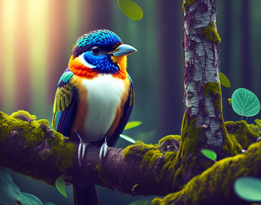 Colorful bird with blue head and multicolored wings perched on mossy branch in forest.