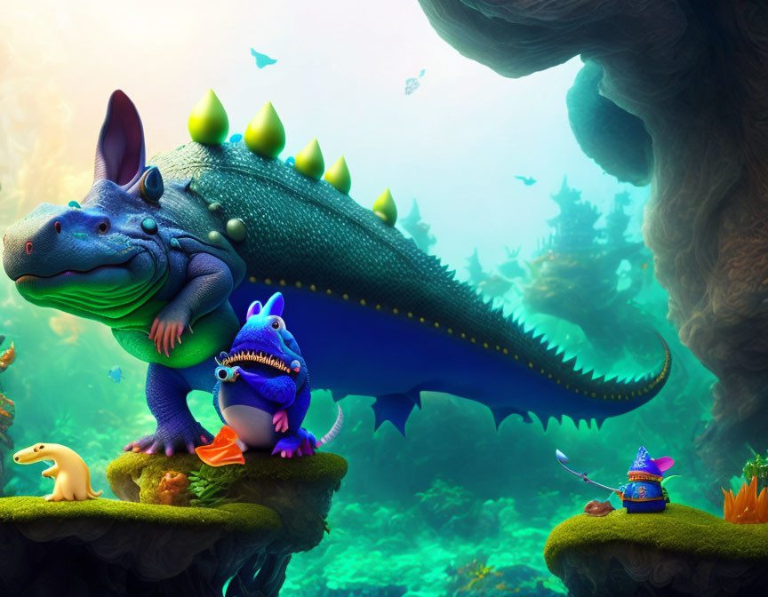 Colorful Cartoonish Underwater Scene with Blue Dinosaur and Fantastical Creatures