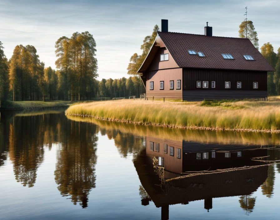 Twilight scene: Two-story house reflected in serene lake