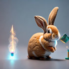 Oversized-eared rabbit explores glowing chalice with blue flame