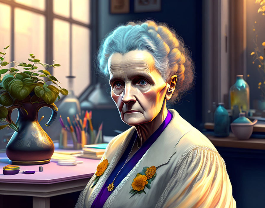 Elderly woman with white hair in purple outfit among plants and art supplies