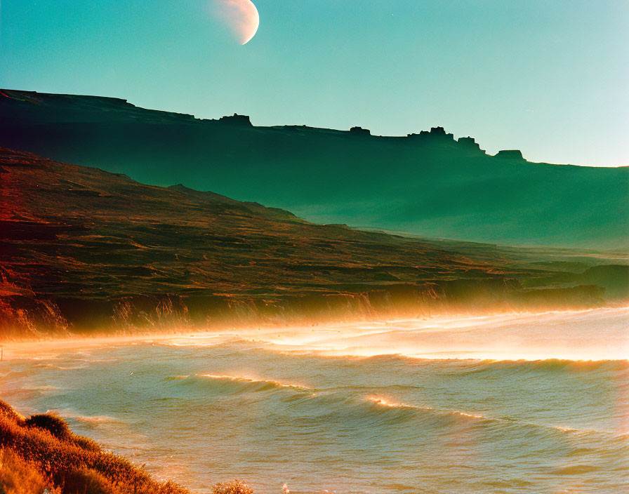 Tranquil beach scene with crescent moon, waves, and sunlit cliff