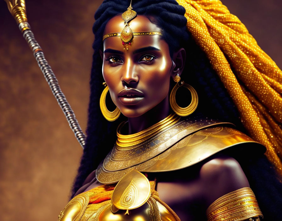 Digital artwork of woman in golden armor with braided yellow hair