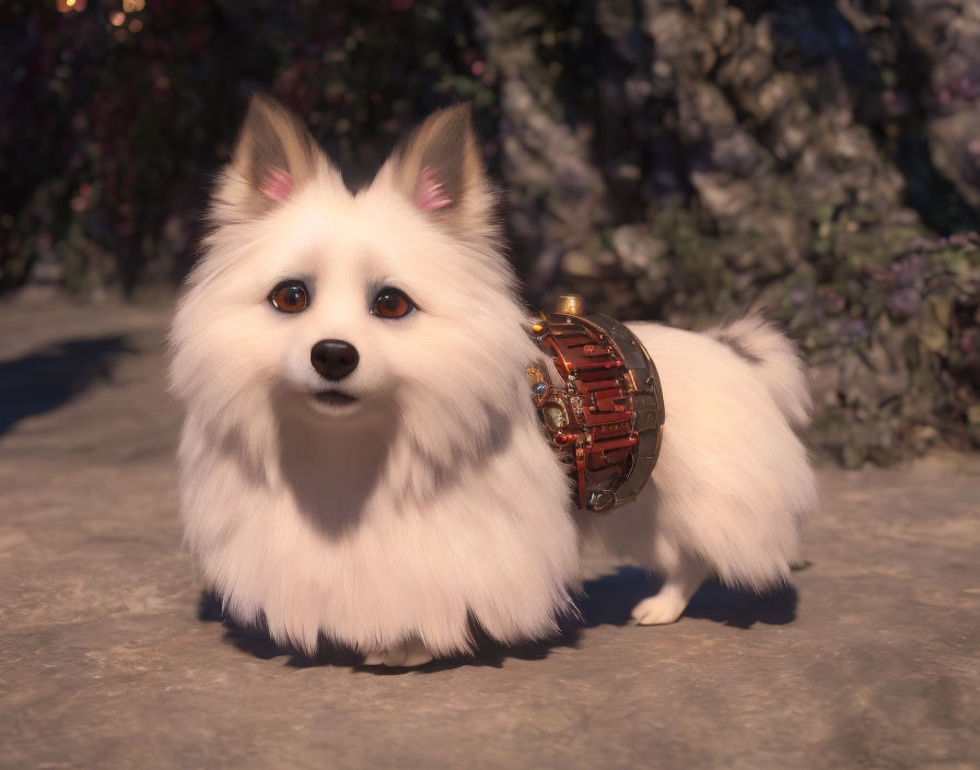 Fluffy White Dog with Brown Mechanical Harness Against Flower Wall