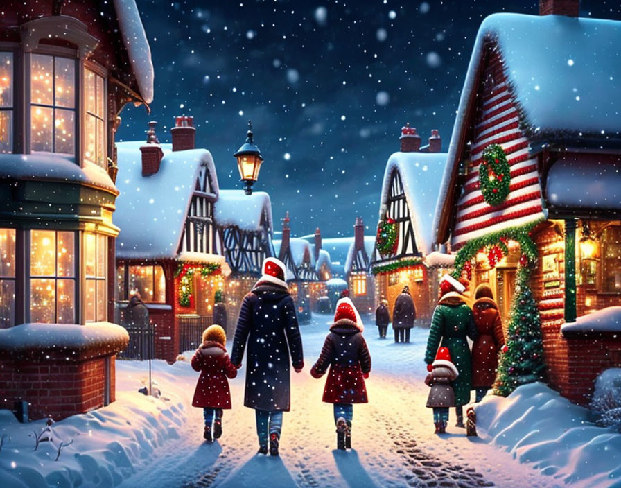 Family strolling snowy, festive street with Christmas decor.