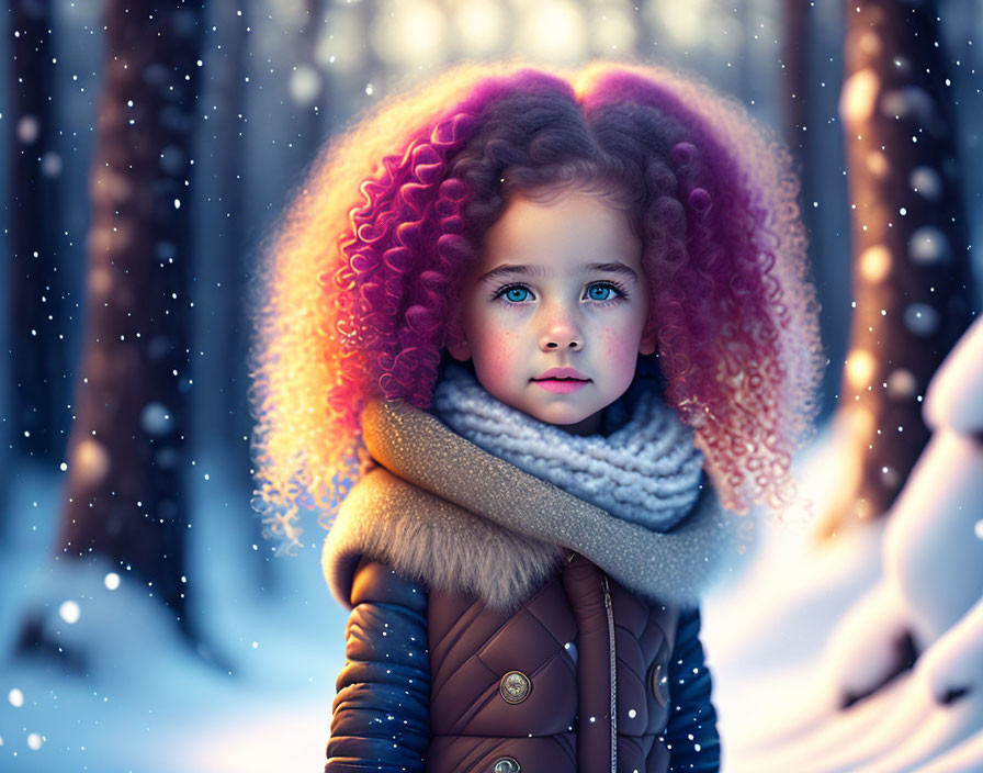 Child with blue eyes and purple curly hair in winter coat and scarf in snowy forest.