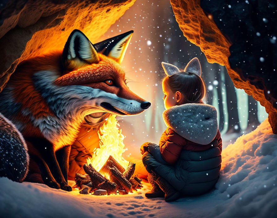 Girl with Fox Ears and Large Fox by Campfire in Snowy Cave