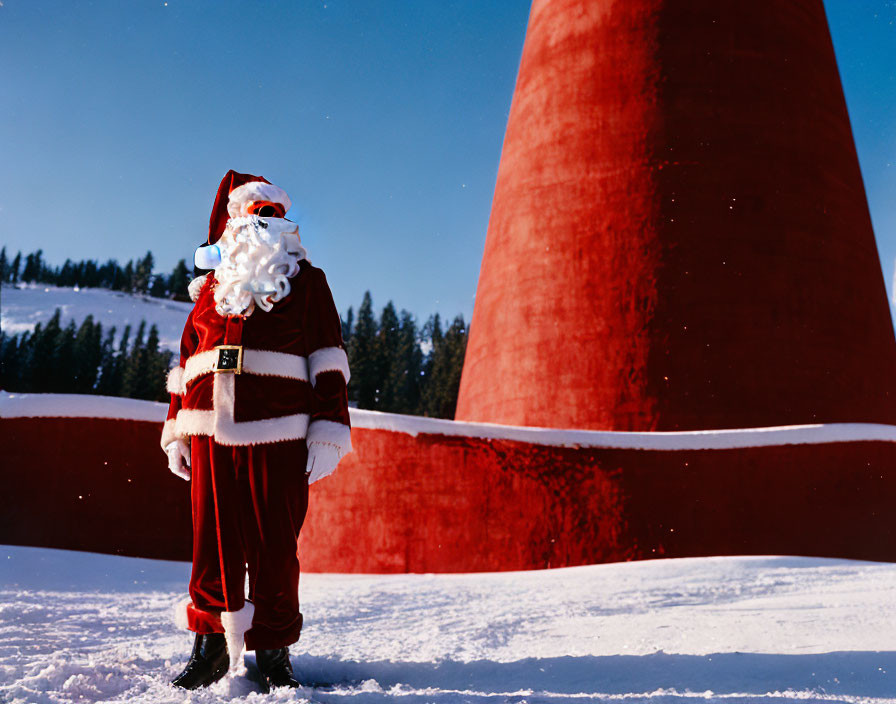 Santa Claus in snow with red cone structure under clear blue sky