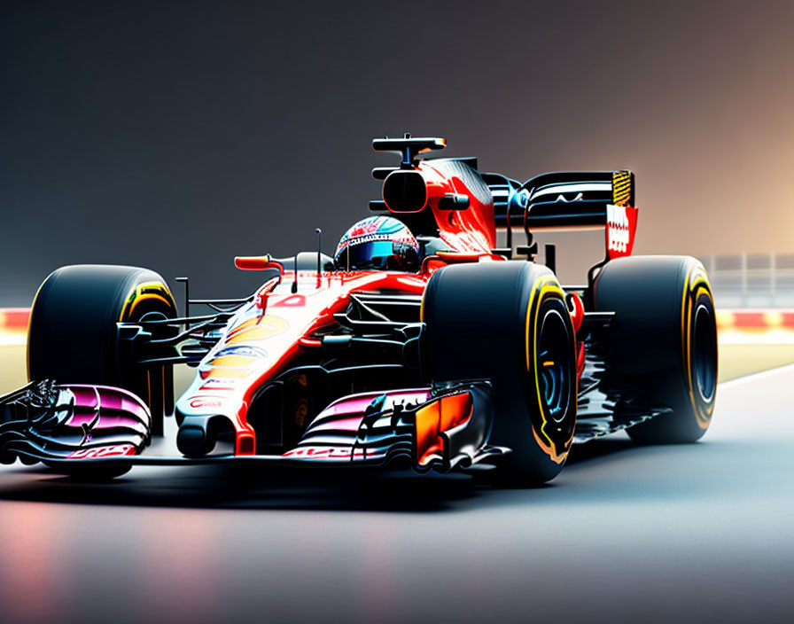 Red and Dark Formula 1 Car on Track with Aerodynamics, Logos, and Racing Tires