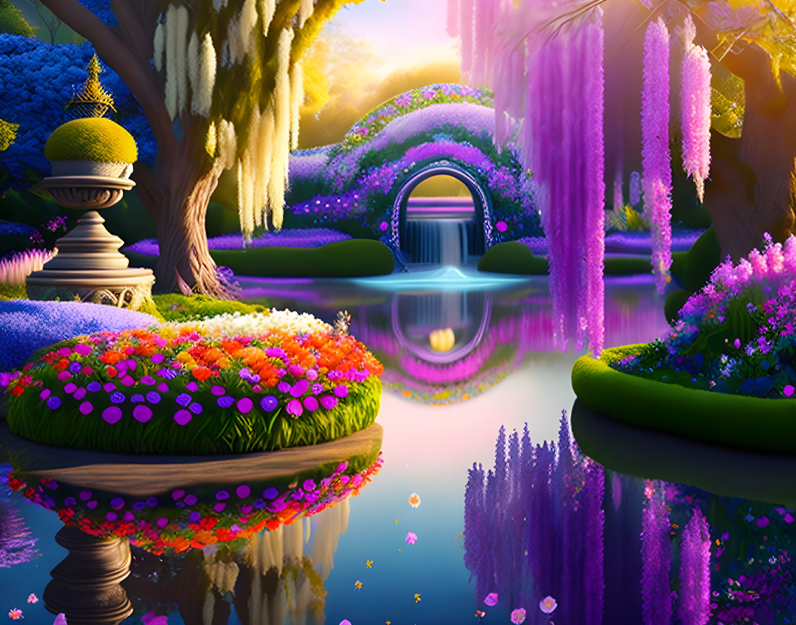 Colorful fantasy garden with flowering trees, pond, and hidden archway