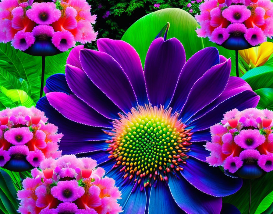 Detailed digital art: Large purple flower with intricate details, pink blooms, and lush green leaves on black