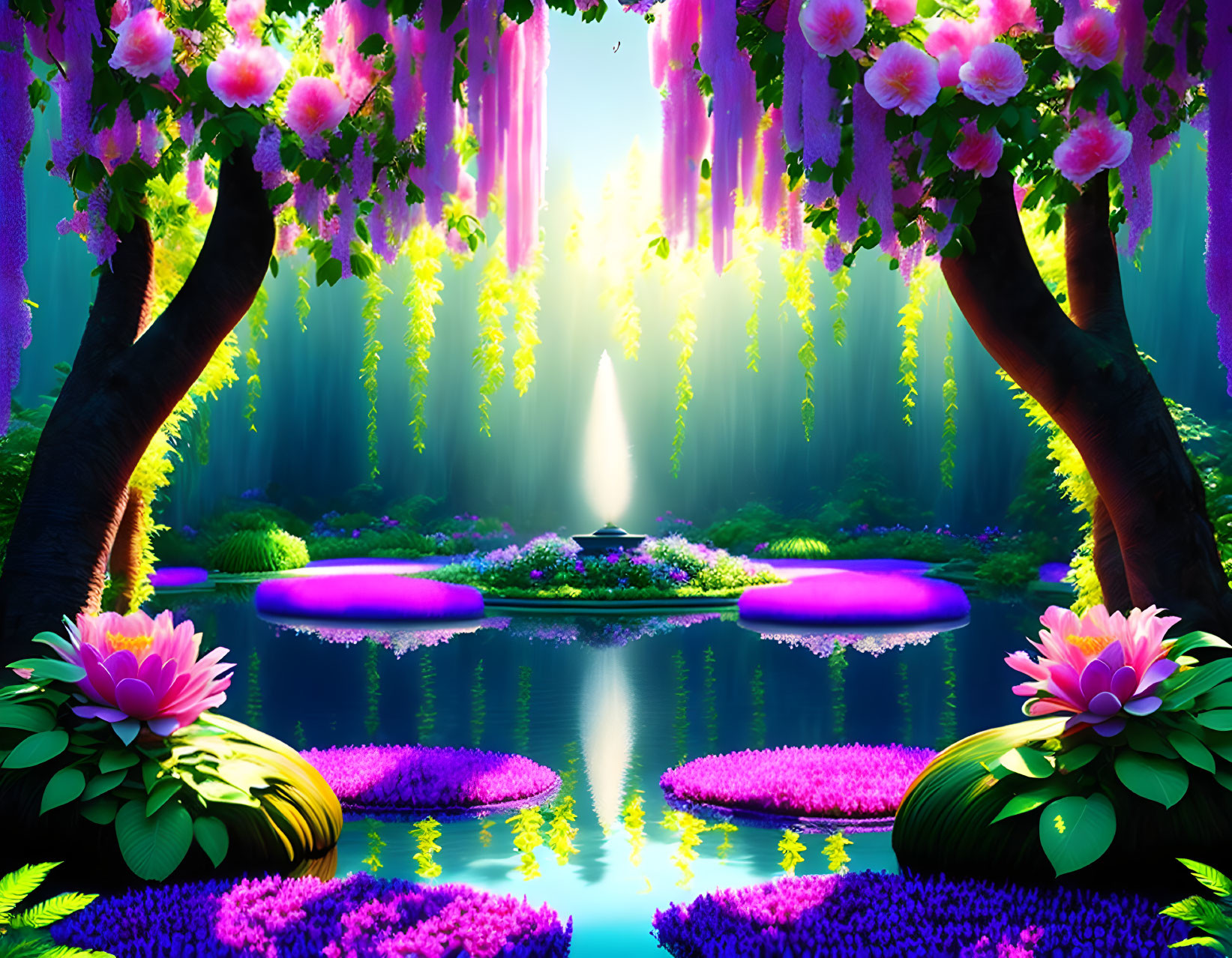 Fantastical landscape with pink blossoms, radiant sunlight, tranquil pond.