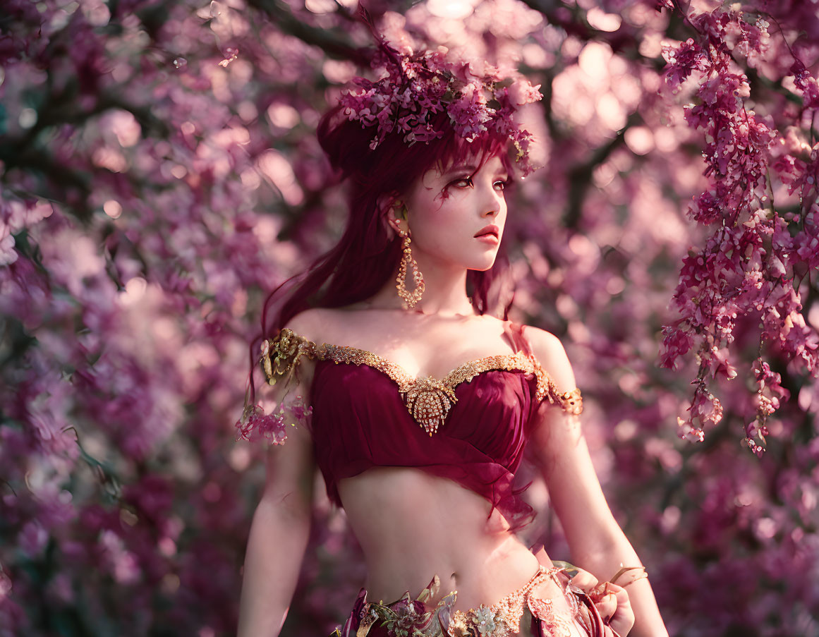 Woman in burgundy outfit among pink blossoms with floral hairpieces