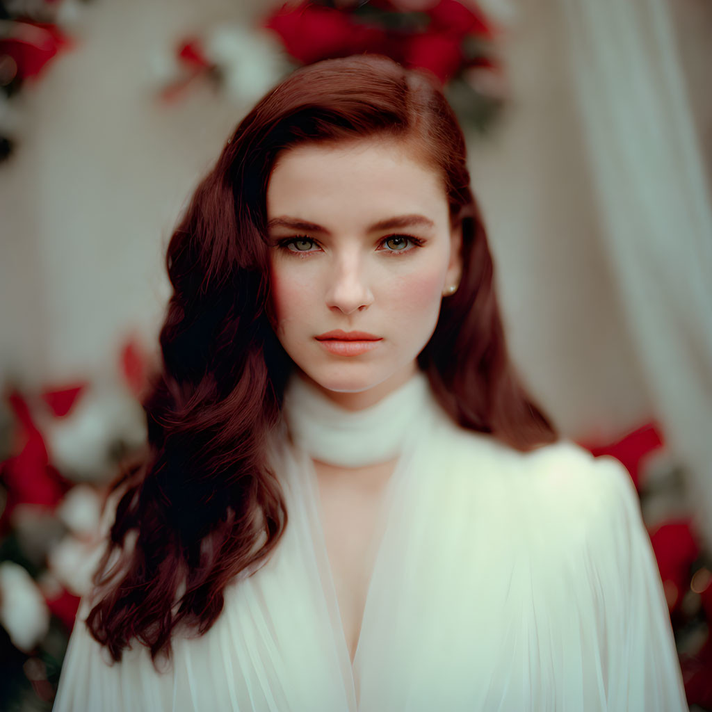 Woman with Long Brown Hair and Green Eyes in White Top Among Blurred Red Flowers