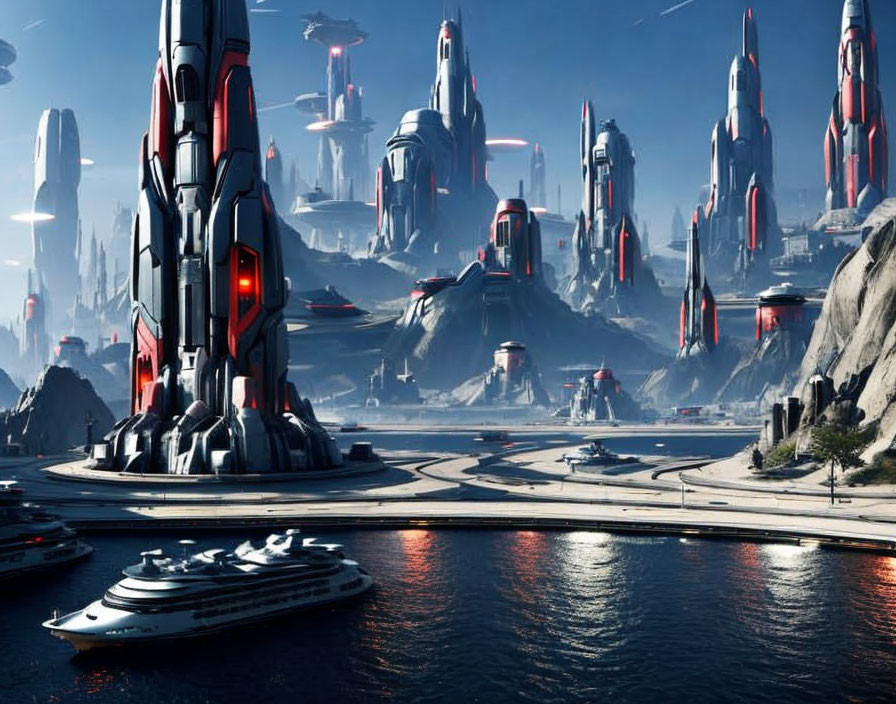 Futuristic cityscape with skyscrapers, flying vehicles, and yacht on waterway