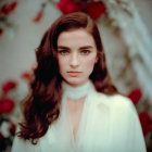 Woman with Long Brown Hair and Green Eyes in White Top Among Blurred Red Flowers